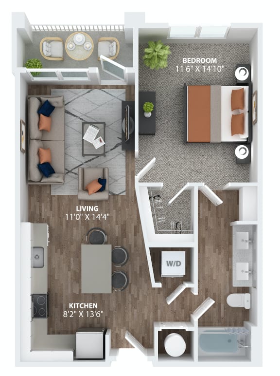 Spacious one bedroom layout with patio or balcony