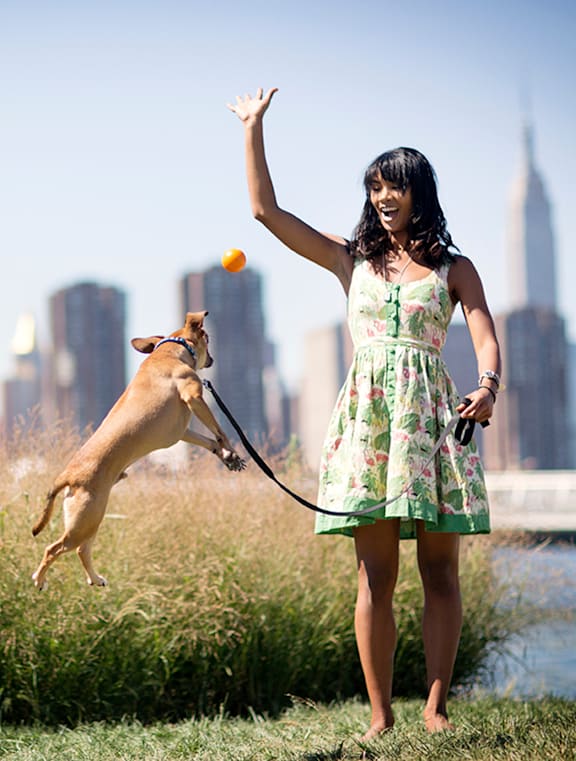 a girl in a green dress with a yellow dog on a leash and an orange in her
