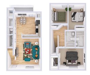 A floor plan of a small apartment with two bedrooms and a living area.