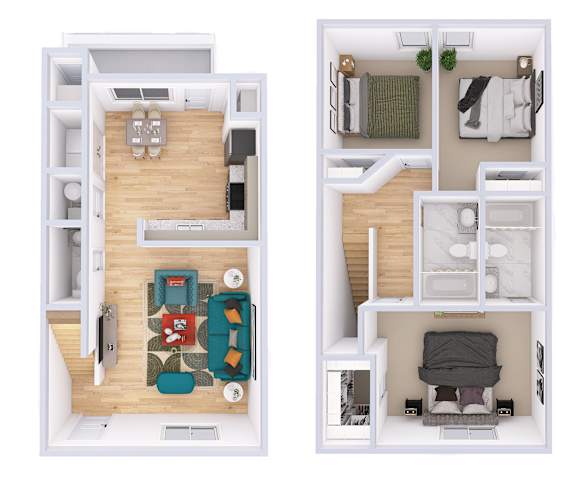 A floor plan of a small apartment with two bedrooms and a living area.