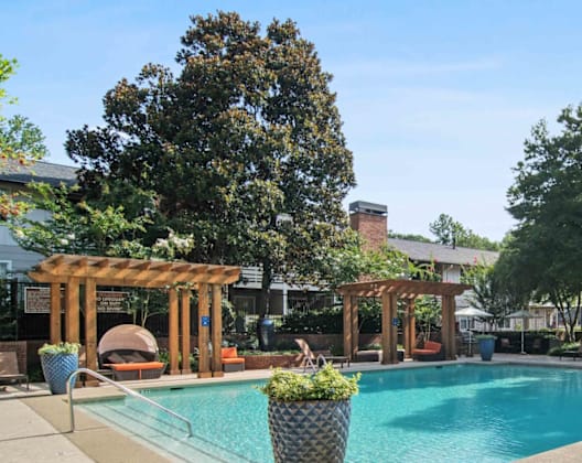 A pool area with a bench and a potted plant.