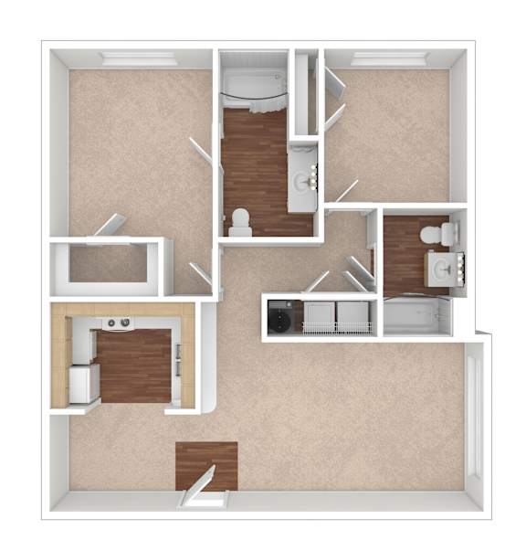 A 3D floor plan of a house with a kitchen, living room, and two bedrooms.