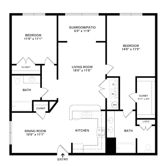 A black and white image of a floor plan for a home with two bedrooms, a living room, a dining room, a kitchen, a bathroom, and a sunroom/patio.