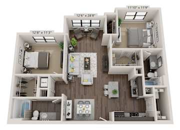 A 3D floor plan of a two-bedroom apartment with a living room, kitchen, and bathroom.