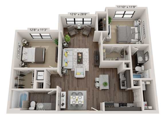 A 3D floor plan of a two-bedroom apartment with a living room, kitchen, and bathroom.