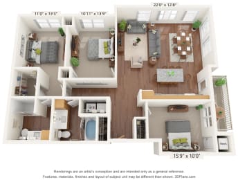 Three Bedroom - B Floor Plan at Bren Road Station 55+ Apartments, Minnetonka, MN, 55343