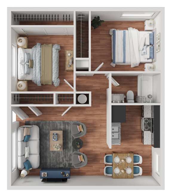 A top-down view of a small apartment with a kitchen, living room, and bathroom.