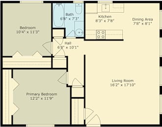 Floor Plan  A floor plan of a home with a living room, two bedrooms, a bathroom, a kitchen, and a dining area.