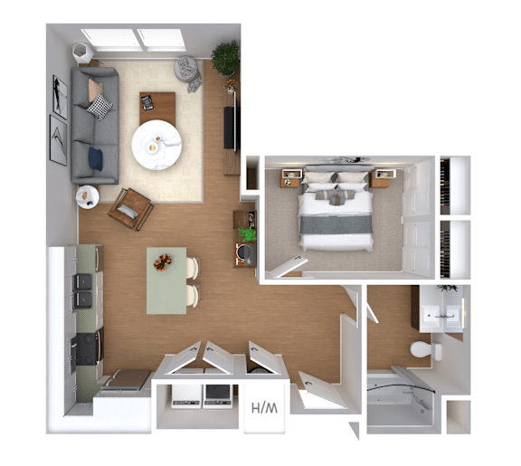 A 3D floor plan of a small apartment with a kitchen, living room, and bathroom.