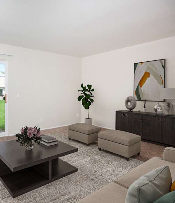 a living room with couches and chairs and a coffee table