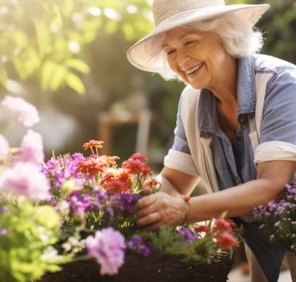 an older woman tending to flowers in a garden