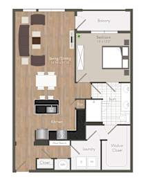 A floor plan of a small apartment with a living room, dining room, kitchen, and bathroom.