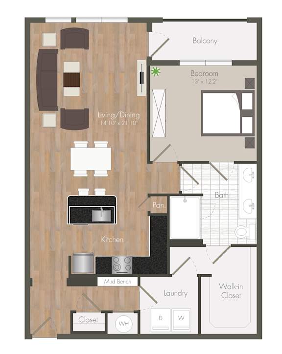 A floor plan of a small apartment with a living room, dining room, kitchen, and bathroom.