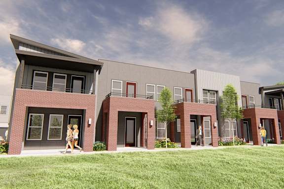 a rendering of a three story apartment building with people walking on the sidewalk