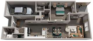 A 3D rendered image of a modern house layout.