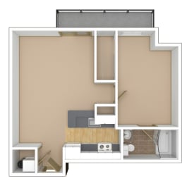 1 Bedroom, 1 Bathroom Floor Plan