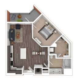 A 3D rendered image of a house layout.
