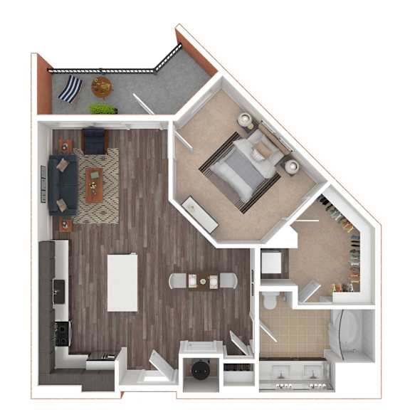 A 3D rendered image of a house layout.