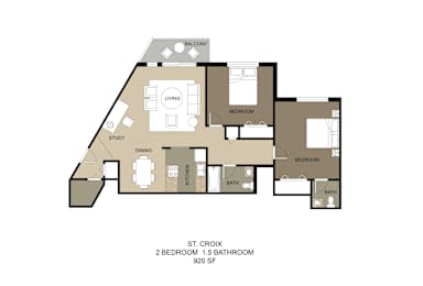 A floor plan of a home with two bedrooms, a living room, a study, a kitchen, and two bathrooms.