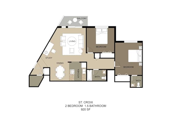 A floor plan of a home with two bedrooms, a living room, a study, a kitchen, and two bathrooms.