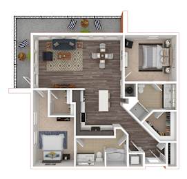 A 3D floor plan of a small apartment with a kitchen, living room, and bedroom.