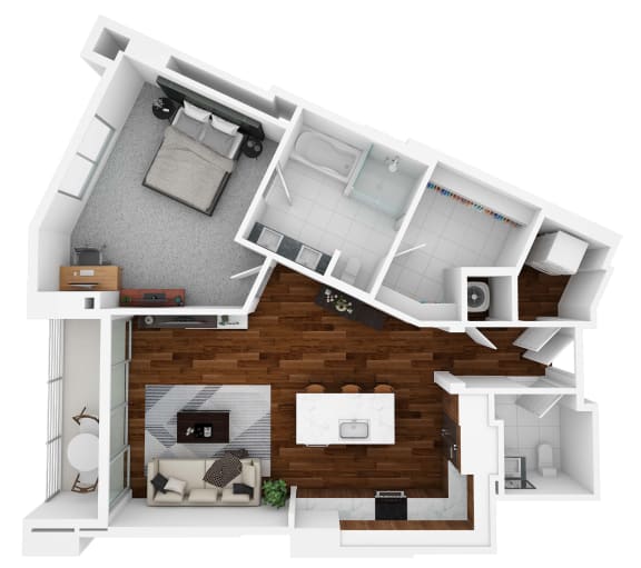 a 3d floor plan of a small apartment with a bedroom and a bathroom