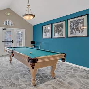 A pool table in a room with a carpeted floor and a door.