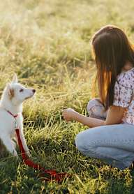 a woman and a dog sitting in the grass at University Park, Azusa, CA