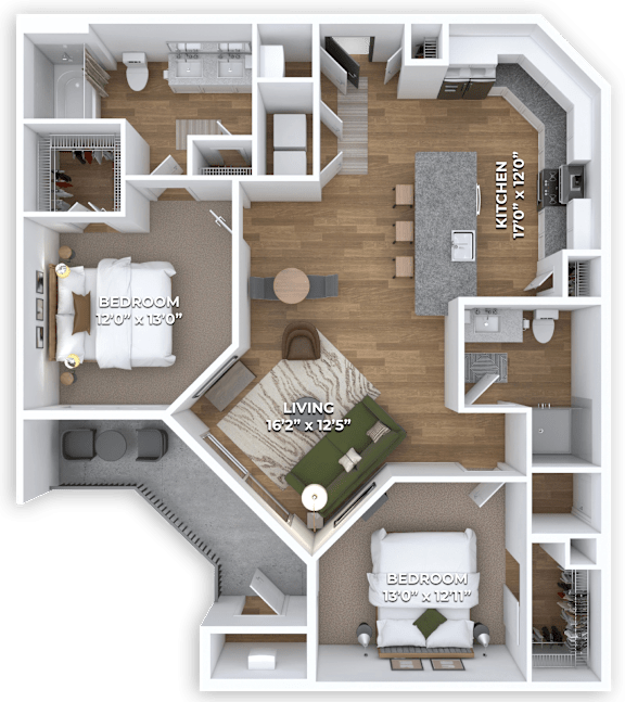 A 3D floor plan of a house with a living room, two bedrooms, and a kitchen.