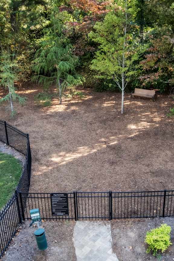 A backyard with a black fence and a green trash can.