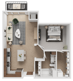 A detailed 3D floor plan of a small apartment.