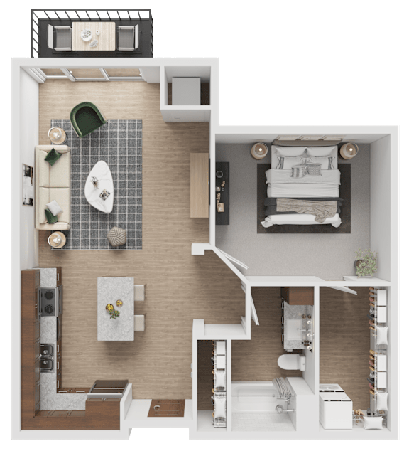 A detailed 3D floor plan of a small apartment.