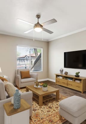 a living room filled with furniture and a ceiling fan at Altezza High Desert, New Mexico, 87111