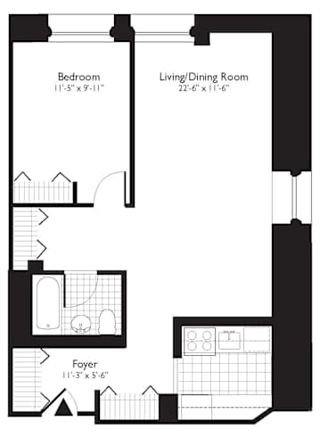 Floor Plan  A floor plan for a one bedroom apartment on the 10th floor of a 34 story building.