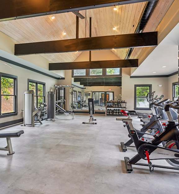 a gym with treadmills and other exercise equipment and a pool