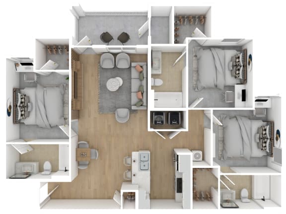 Floor Plan  3 Bed 3 Bath Floor Plan | 1,275 Sq. Ft. at The Azul Apartment Homes in Oxford, MS 38655
