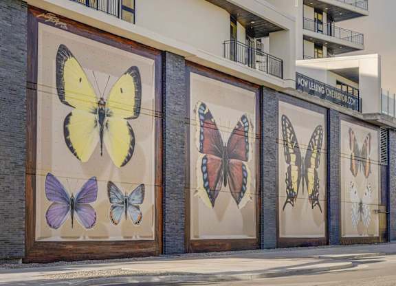 A building with a mural of butterflies on its side.