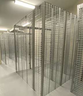 A room with large floor-to-ceiling storage lockers for residents at The Flats at Tioga Town Center.