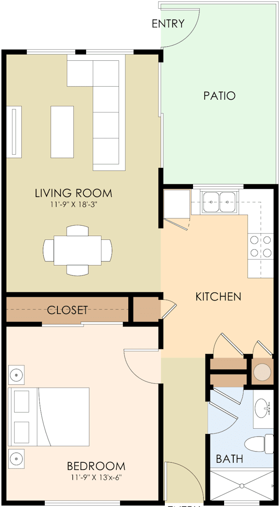A floor plan for a 1 bedroom, 1 bathroom apartment at Greenwood Unit 5.