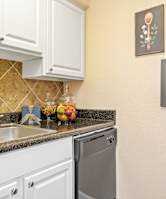 A kitchen with a sink, dishwasher, and cabinets.