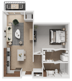 A floor plan of a small apartment with a kitchen, living room, and bathroom.