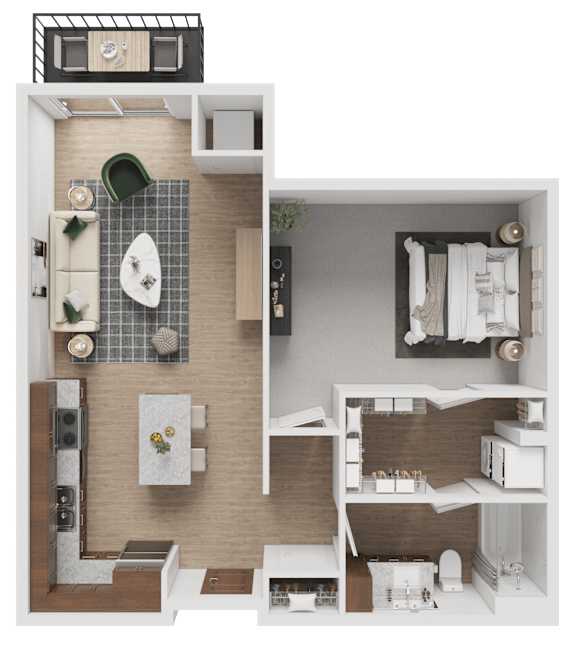 A floor plan of a small apartment with a kitchen, living room, and bathroom.