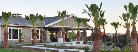 a row of houses with palm trees in front of them
