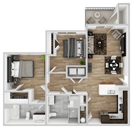 A 3D floor plan of a house layout.