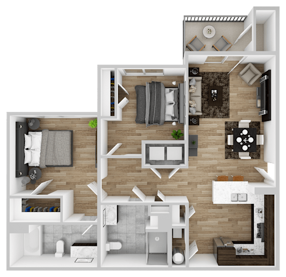 A 3D floor plan of a house layout.
