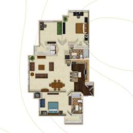 A floor plan of a house with a kitchen, living room, and bedrooms.