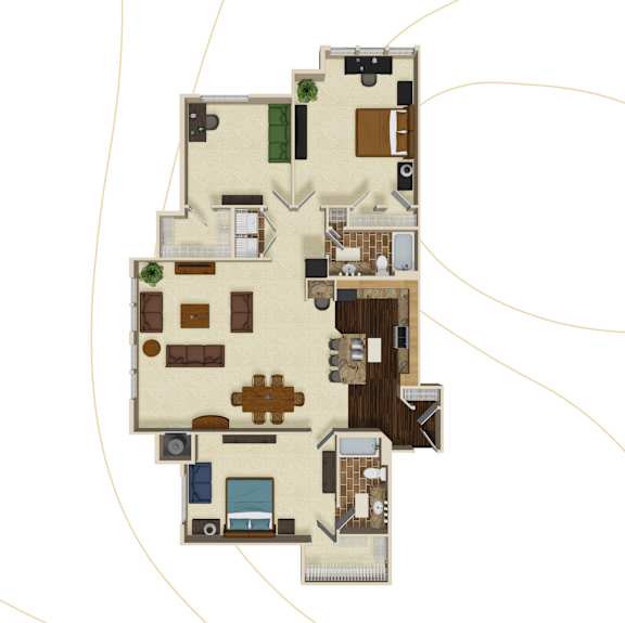 A floor plan of a house with a kitchen, living room, and bedrooms.
