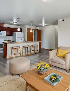 Living room along with Kitchen at Melbourne Apartments, Des Moines, Iowa