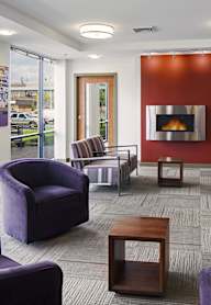 a living room with couches and chairs and a fireplace