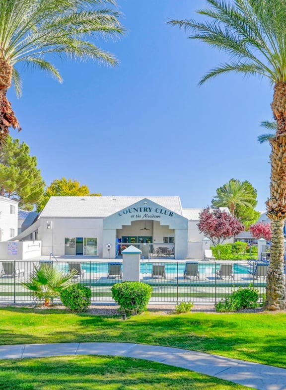 Lush landscaping and greenery at Country Club at The Meadows Senior Apartments in Las Vegas, NV, For Rent. Now leasing 1 and 2 bedroom apartments.